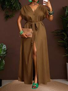 Veslaya 秋冬新品，女士秋冬服装，万圣节，复活节，西部风，海滩风，波西米亚风，节日，嘉年华，复古风，乡村音乐风，女士休闲装，大码开衩长裙，棕色长裙，卡其色连衣裙，棕色长裙，大地色系连衣裙 - 摩卡棕 - 查看 11