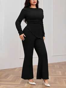 Modelyn Plus Size Women's Spring/Autumn Casual/Work Solid Color Long Sleeve Drawstring Ruched Asymmetrical Hem Fitted T-Shirt And Flare Leg Pants 2-Piece Set - Black - View 4