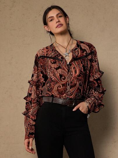 Freevana Plus Size Allover Print Ruffle Trim Elegant Long Sleeve Shirt Boho Blouses Western Blouse