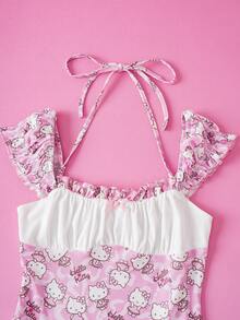 HELLO KITTY AND FRIENDS | SHEIN Women's Sweet Cat Print Contrast Lace Frill Trim Dress - Baby Pink - View 3