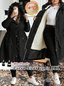 SHEIN CURVE+ Plus Size Women's Long Hooded  Thermal Lined Winter Coat - Black - View 1