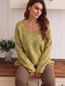 Louniche Women's Casual College Style Loose Fit V-Neck Raglan Sleeve Plaid Pattern Sweater, Autumn/Winter