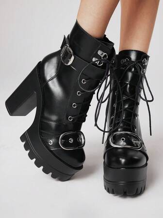 Grunge Punk Women's Gothic Metal Buckle Round Toe Platform Chunky Heel Punk Boots, PU Leather Black High Heel Boots Suitable For Party, Daily Wear, Evening Dress, Height Increasing And Leg Lengthening