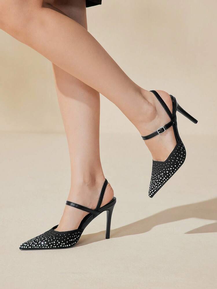 CUCCOO BASICS Fashionable Sexy Elegant Pointed Toe Stiletto Heels Knitted Breathable Rhinestone Backless Women High Heel Pumps