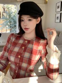 DAZY Women's Plaid Lace Patchwork Long Sleeve Jacket, Valentine's Day Women Coats - Red - View 1