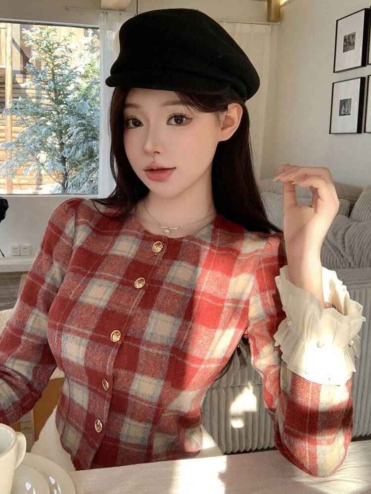 Women's Plaid Lace Patchwork Long Sleeve Jacket, Valentine's Day Women Coats