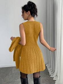Elenzga 2pcs Women's Autumn Simple Solid Color Button Front Cardigan And Sweater Dress Set - Yellow - View 2