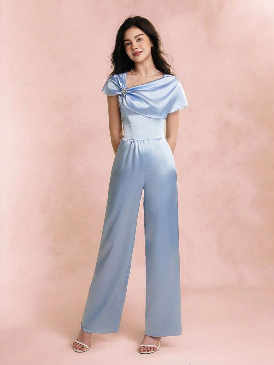 青少年女孩女士休闲多巴胺宽松露肩连体裤，度假风格，夏季 - 藍色 - 查看 1