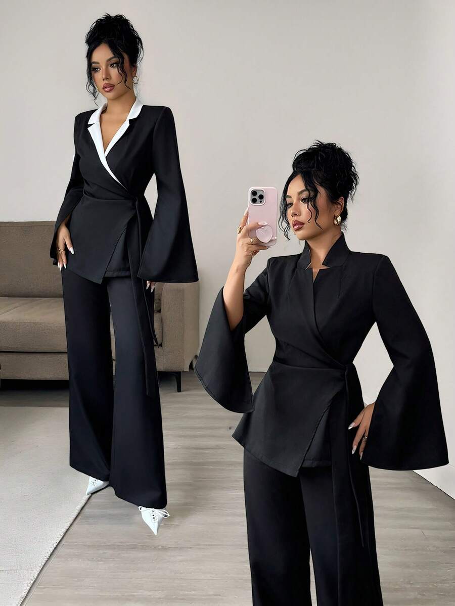Elenzga Conjunto de traje de mujer con blazer de manga larga con cuello alto, cintura ceñida y dobladillo en línea A, y pantalones rectos de pierna ancha de unicolor, elegante, de moda, casual, encantador, retro, minimalista, de alta gama, romántico y apropiado para vacaciones - Negro - Ver 1