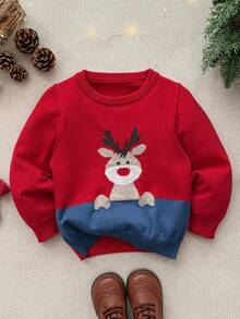 Blossori Young Boys' French Elegant Deer Jacquard Pattern Pullover Sweater - Red - View 1