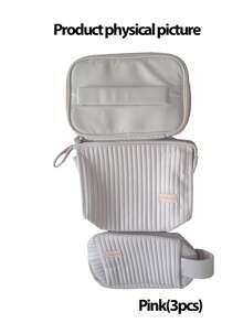 3 pièces Ensemble de sacs de maquillage en PU, organisateur de cosmétiques rayé mignon pour femmes en voyage, sac de toilette imperméable pour adolescentes, trousse de maquillage esthétique rose et beige