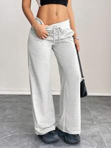 SHEIN PETITE 舒适休闲纯色针织低腰阔腿女式运动裤 - 灰色 - 查看 5