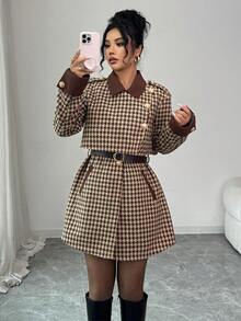 Elenzga 女士优雅奢华礼服，适合万圣节、圣诞节、沙特国庆节、新年派对、毕业典礼、婚礼，粗花呢拼色斗篷风衣配腰带，常规长度修身大衣，棕色和卡其色，带口袋 - 棕色 - 查看 5