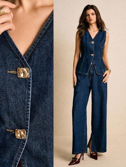 Poéselle 女士纯色 V 领前扣无袖上衣和直筒牛仔裤套装女士牛仔秋季服装万圣节服装新年女装女士套装两件套牛仔两件套女士工装裤