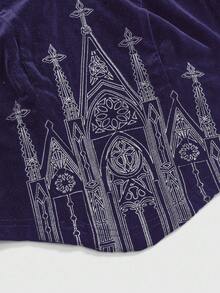 ROMWE Goth Blusa de manga abullonada con cuello cuadrado de encaje, parches y malla negra con bordado de cruz y castillo gótico vintage para mujeres - Morado - Ver 2