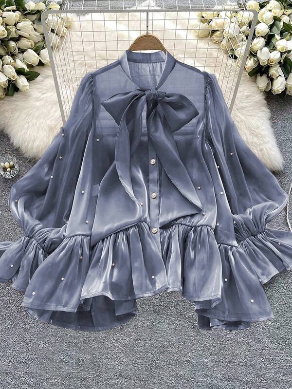 DreamSkyne Plus Size Women Beaded Bow Flare Sleeve Blouse Shirt