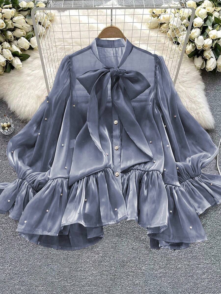 DreamSkyne Plus Size Women Beaded Bow Flare Sleeve Blouse Shirt