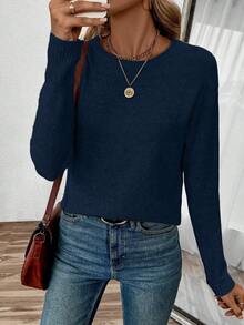 EMERY ROSE 女士秋冬新款圆领宽松休闲大码套头毛衣 - 藏蓝色 - 查看 5