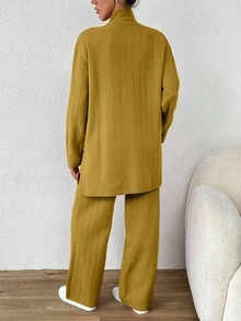 RueChic 2pcs Solid Color Turtleneck Sweater Set - Beige - View 2