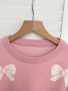 SHEIN 女童粉色底白色蝴蝶结图案长袖毛衣 - 粉色 - 查看 3