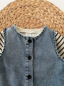 SHEIN Baby Girl Striped Crew Neck Sweatshirt And Washed Denim Jumpsuit Set