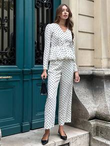 Chiquease 2件套女士波尔卡圆点套装，长袖套装，秋季 - 白色 - 查看 5