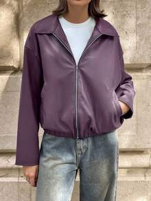 Aloruh 秋冬时尚百搭通勤款 Ancla 紫色 PU 夹克 - 紫色 - 查看 3