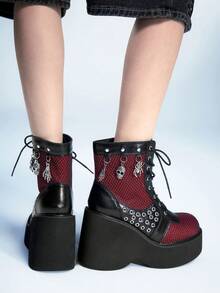 Sugerpunk 女士派对红色网眼厚底坡跟踝靴，哥特式金属骷髅蜘蛛装饰黑红面料朋克风格厚底高跟俱乐部短靴 - 紅色 - 查看 3