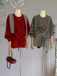 INAWLY 女式休闲条纹斗篷运动衫和裙子套装，秋冬