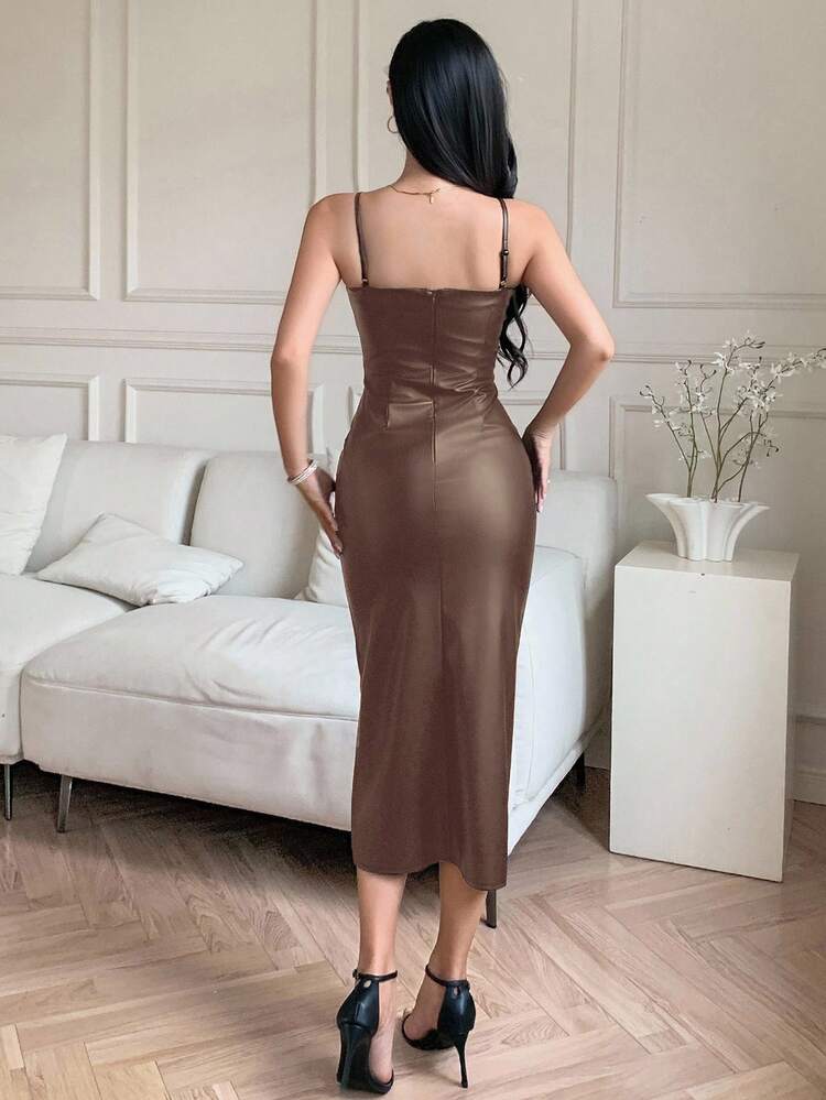 Women's Elegant Solid Color PU Pleated Spaghetti Strap Split Midi Dress, Autumn