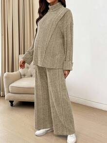 SHEIN 2件套孕妇休闲高领长袖上衣和裤子套装，秋季 - 杏色 - 查看 9