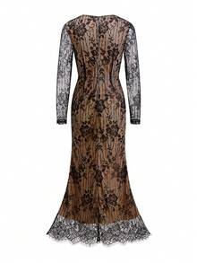 Ellevyn 女式方领长袖收腰紧身蕾丝连衣裙，优雅日常穿着，性感派对社交活动穿着