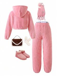 青少年女孩刺绣字母长袖羊毛连帽衫和裤子休闲宽松套装，秋冬 - 粉色 - 查看 2