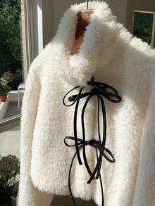 Comfortcana 女式休闲通勤撞色结饰前人造毛皮夹克，秋冬 - 米色 - 查看 6