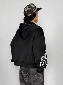 StreetHx 街头服饰女式哥特朋克摇滚彩色图案印花长袖连帽夹克，秋冬 - 黑色 - 查看 2