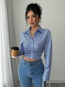 Elenzga Women Casual Striped Ruffle Hem Long Sleeve Blouse, Spring Cropped Shirts Cropped Button Up Striped Cropped Shirt Jeans Top Fall Cloth For Women - Royal Blue - View 5