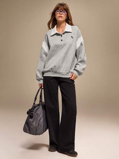 Hanevo Women's Casual Sporty Loose Contrast Color Polo Collar Button Embroidered Long Sleeve Sweatshirt, Suitable For Daily, Sports, Back To School Outfits