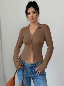 Elenzga Cardigan Kasual Warna Polos dengan Kerah Lipat dan Lengan Mengembang, Pas Badan, Musim Gugur - Khaki - View 6