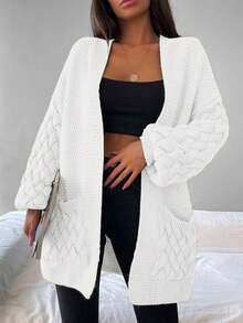 EURMUSE Dual Pocket Drop Shoulder Open Front Cardigan - White - View 6