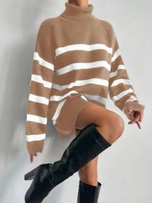 EURMUSE High Neck Striped Sweater Without Belt - Brown - View 4