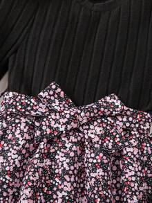 SHEIN 1 Stück Mädchen Rundhals Langarm Geripptes Strick Patchwork Kleid mit Blumen Saum, süß & damenhaft, Herbst