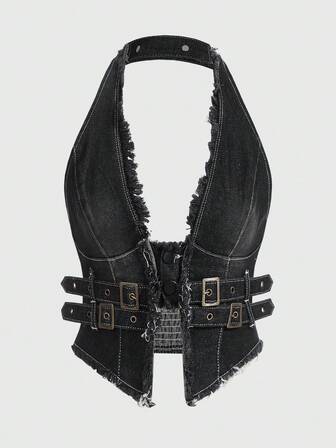 SHEIN x PRISCILA & JIMENA Hippie Women's Neckline Fringed Trim Fitted Denim Blouse, Casual Everyday Wear