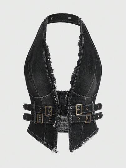 SHEIN x PRISCILA & JIMENA Hippie بلوزة جينز مشذبة بحواف مستعرضة للرقبة، قطعة ملائمة للارتداء اليومي والكاجوال للسيدات