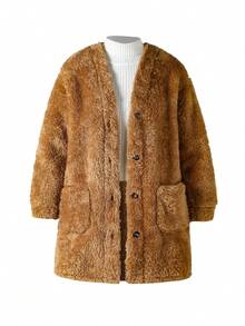 SHEIN Tween Girls Casual Basic Fuzzy V-Neck Drop Shoulder Mid-Length Cardigan, Autumn/Winter - Coffee Brown - View 3