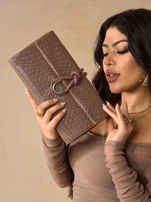 SHEIN SXY Ladies, Women Clutchs, Silver, Woven Embossed Pu, Fashionable, Elegant, Simple, Personalized, Versatile, Classic, For Commute, Office, Date, Daily, Shopping, Afternoon Tea - Brown - View 7