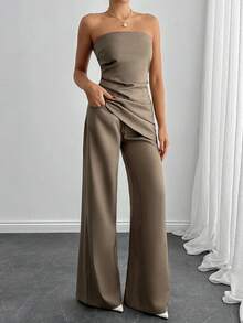 EURMUSE “优雅无肩带两件套，采用不对称垂褶胸衣上衣和高腰阔腿裤——女士时尚晚装套装” - 棕色 - 查看 3