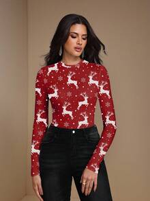 Shutterstock Glamance 圣诞格子长袖女式T恤，冬季圣诞树、雪花、姜饼人、圣诞老人、圣诞帽图案，圣诞礼物，圣诞前夜时尚别致服装系列 - 彩色 - 查看 4