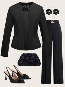 SHEIN Clasi Veste courte élégante et vintage en satin avec roses 3D pour femmes grandes tailles, veste noire, veste fleurie, manteau noir, manteau fleuri, hiver, manteau d'hiver pour femmes, veste d'hiver pour femmes, veste d'hiver pour femmes, confortable automne et hiver pour femmes, automne hiver pour femmes, costume d'Halloween, Noël pour femmes, Nouvel An, top noir, automne hiver 2025, veste blazer décontracté chic - Noir - Voir 12