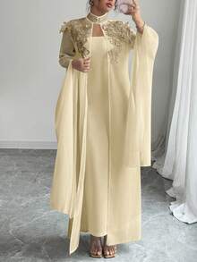 SHEIN Tall CURVE Bộ 2 món trang trí hoa đính đá cỡ lớn cho nữ, cổ đứng, tay dài, áo khoác và váy thanh lịch - Màu be - Xem 5