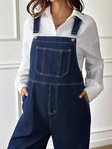 SHEIN Maternity Fall Autumn Winter Halloween Christmas New Year Thanksgiving Commuting Vacation Y2k Cute Party Elegant Business Casual Streetwear Coquette Pocket Design Wide Leg Loose Casual Blue Denim Bib Jumpsuit Classic Blue Denim Overalls For Women Adjustable Strap Loose Fit Jumpsuit With Rolled Cuffs Stylish Women Denim Dungarees Wide Leg Jumpsuit With Front Pocket Design And Comfortable Fit